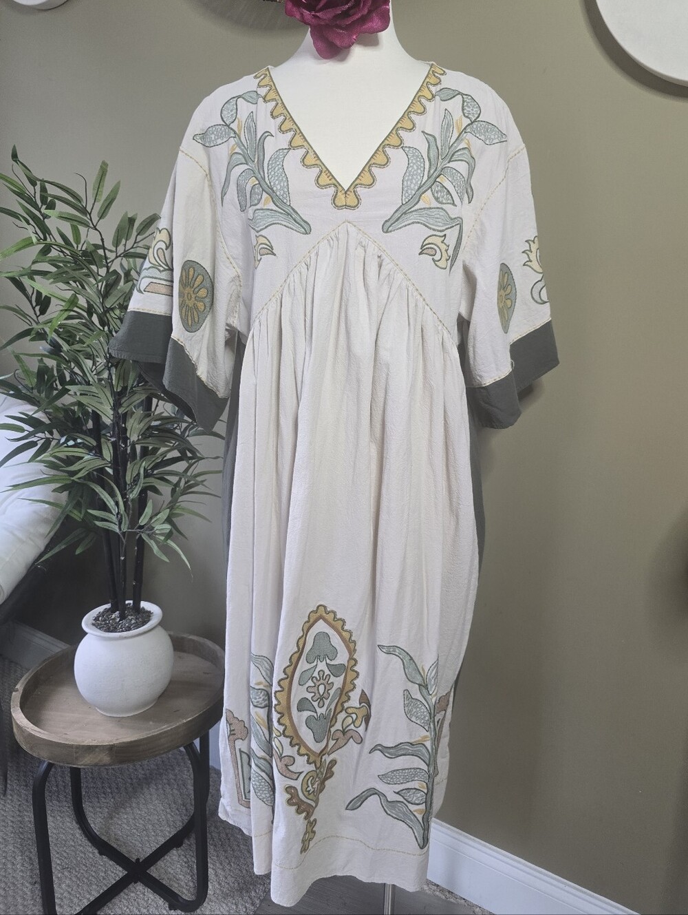 Blue Velvet Bohemian Embroidered V-Neck Midi Dress in Ivory and Sage